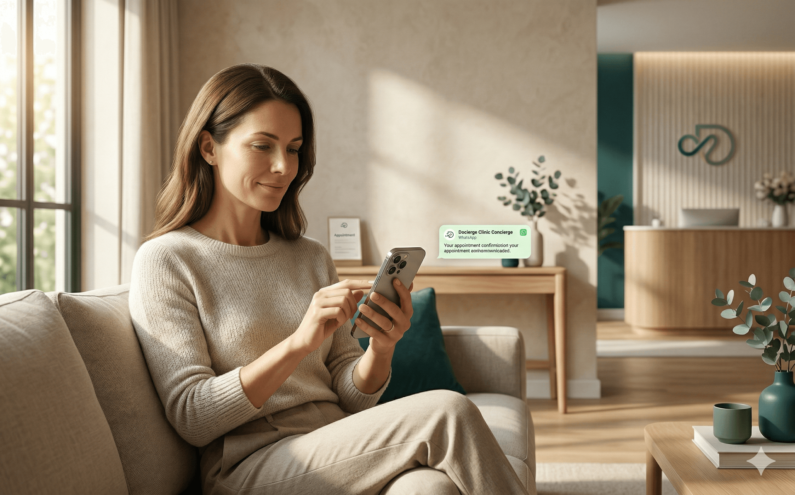 Paciente usando o celular enquanto inicia sua jornada com a Docierge.